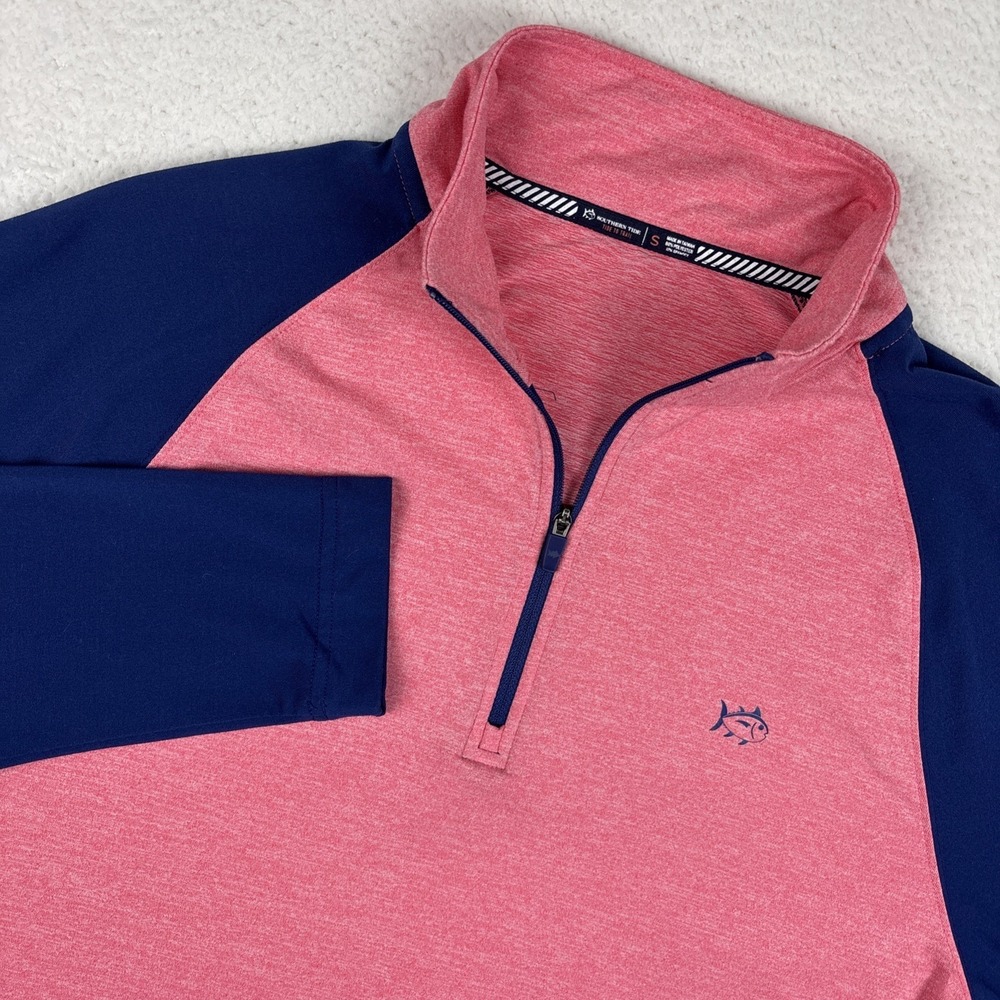 SOUTHERN TIDE Mens Performance 1/4 Quarter Zip Small Pink/Blue Stretch Pullover